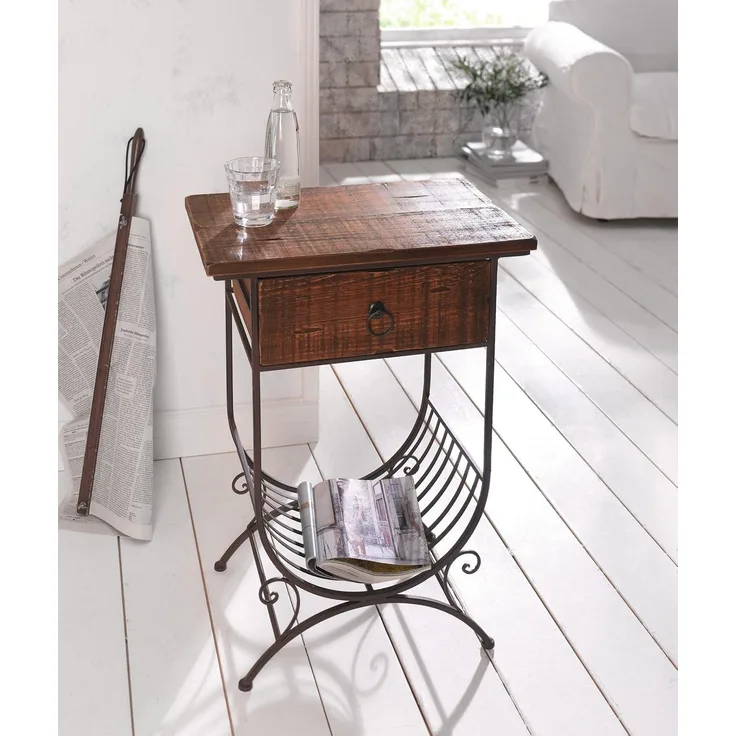 Dekoleidenschaft Konsolentisch Beistelltisch "Country-Style" aus Holz & Metall braun, im Antik Design, Telefontisch in rustikalem Shabby-Look mit Schublade & Zeitungsablage