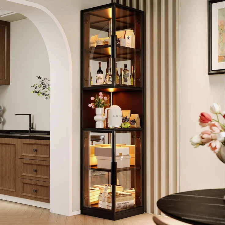 Vitrinenschrank 42 x 44 x 205 cm in Schwarz mit LED-Beleuchtung und Glastüren – Bild 2