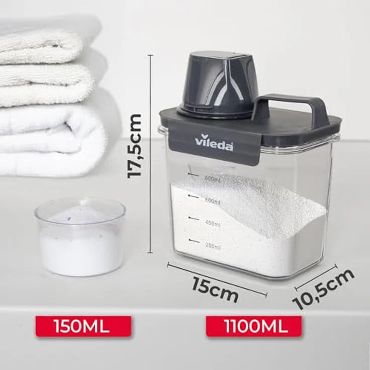 Vileda Waschmittelbox 1100ml grau - Praktische Aufbewahrungsbox für Waschpulver & Flüssigwaschmittel - Inklusive Messbecher für präzises Dosieren - Luftdichte & Platzsparende Waschpulverbox – Bild 2