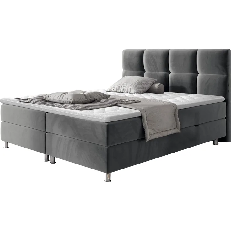 Mirjan24 'Evan' Boxspringbett mit Bettkästen, Bonellfederkernmatratzen & Topper, Kopfteil gesteppt und gepolstert, Grau, 140x200 cm