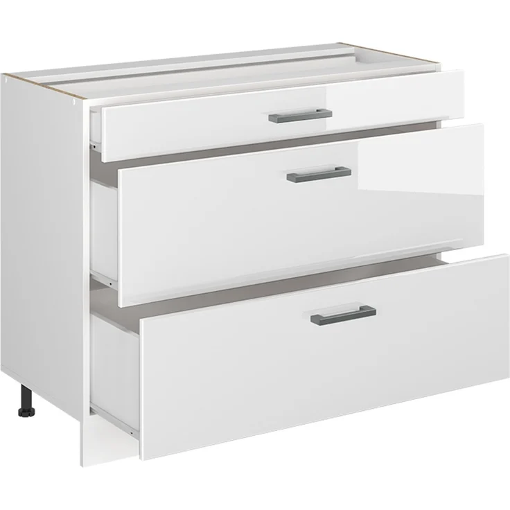 Küchenunterschrank R-Line Weiß Hochglanz/Weiß 100 cm Arbeitsplatte Goldkraft Eiche Vicco – Bild 3
