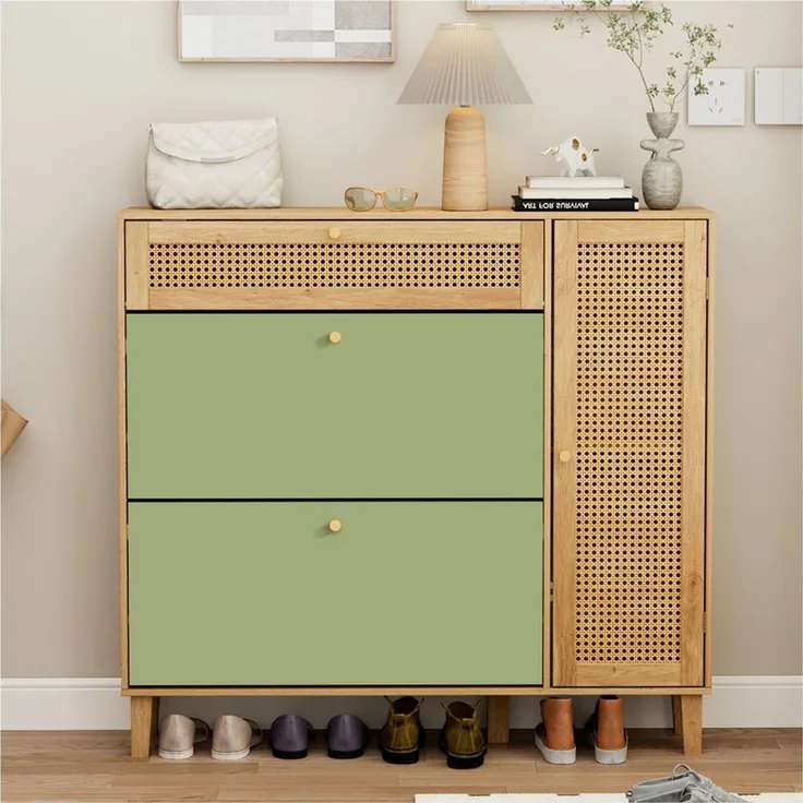 UEV Schuhschrank mit 2 Klappen & 2 Fächern, 24cm tief, verstellbare Trennwände & Ablage (Schuhschrank mit Kippschutz) moderne Schuhkommode, Schuhkipper für verschiedene Schuhtypen