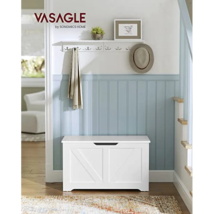 VASAGLE Schuhbank, Sitzbank mit Stauraum, Sitztruhe, 2 Sicherheitsscharniere, Aufbewahrungsschrank, Landhausstil, 40 x 80 x 46 cm, für Flur, Schlafzimmer, Wohnzimmer, wolkenweiß LSB062T14 – Bild 3