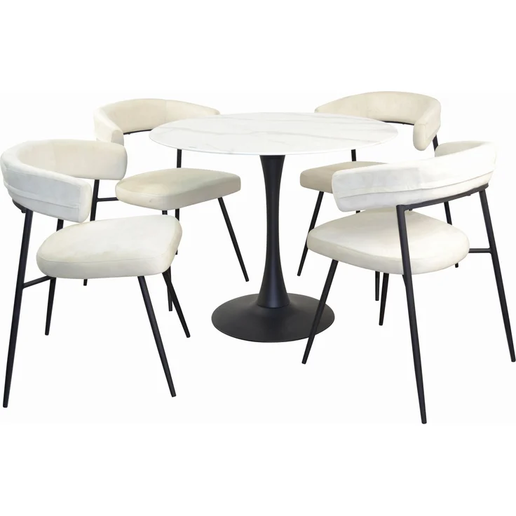 Moderne Esstischgruppe 5-teilig mit Glastisch in Marmoroptik & 4 Samtstühlen in Creme – Bild 1