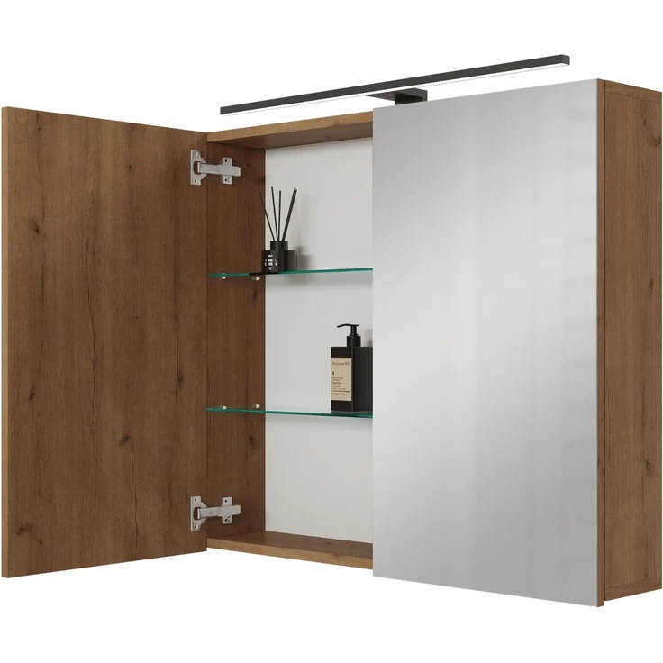 Planetmöbel ARIA Spiegelschrank Bad mit Beleuchtung 80 cm breit | Badschrank hängend mit Spiegel | Gold Eiche, mit Leuchte und Steckdose, Spiegelschrank Gäste WC 80 x 70 x 16 cm – Bild 1