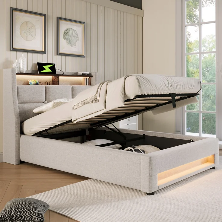 Polsterbett 90x200 cm, Leinen mit LED & USB-Anschluss, Stauraum, Beige, ohne Matratze – Bild 3