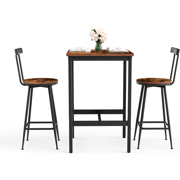 Bar-Tisch und Hocker-Set, Esstisch mit zwei Stühlen mit Fußpolstern, Metallgestell, Bar-Tisch-Set im Industrial-Stil,geeignet für Esszimmer, Wohnzimmer usw, rustikale braune Oberfläche, 60cm*60cm*90cm – Bild 7