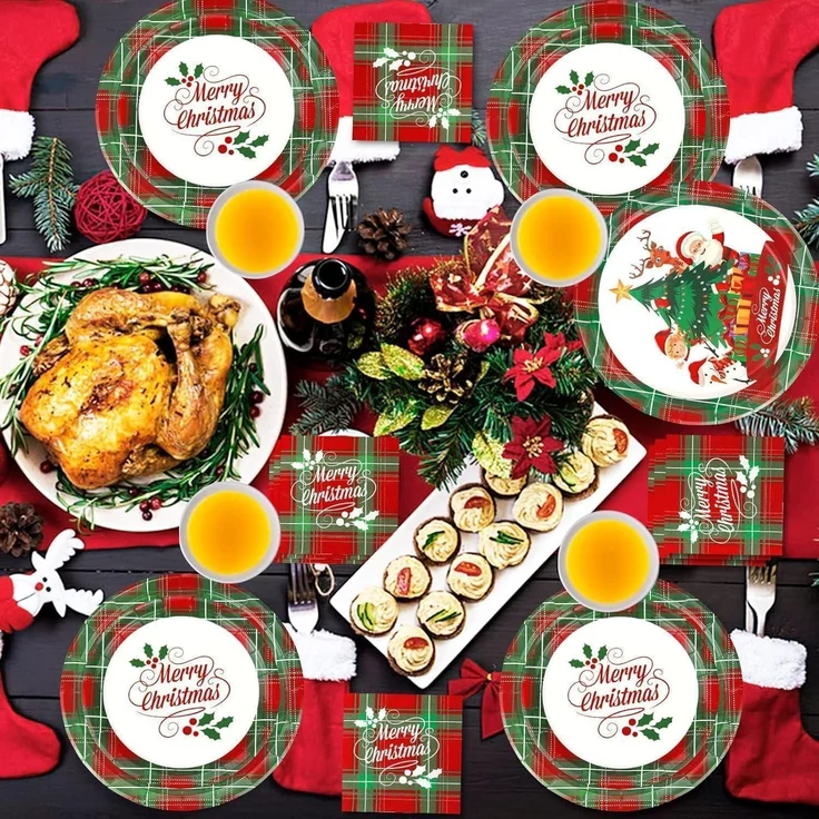 Weihnachtspapier Partygeschirr 114-teilig für 24 Gäste - Dekoration Santa Claus – Bild 5