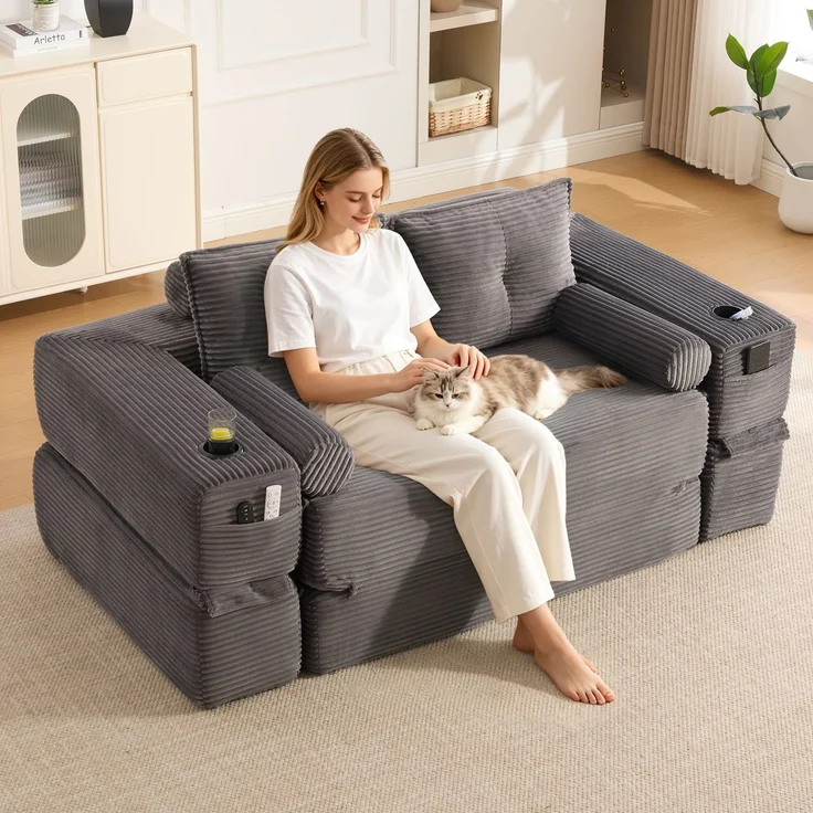Wohnora-Cord-Klappsofa für 2 Pers, hochdichter Schaum-Federkern, formstabil & bequem Mit Taschen, Getränkehalter, Memory-Kissen + 2 Zierkissen Vakuumverpackt, schneller Aufbau, für Wohnung & Wohnzimmer,H 80cm x T 180cm x B 98cm,Dunkelgrau – Bild 1