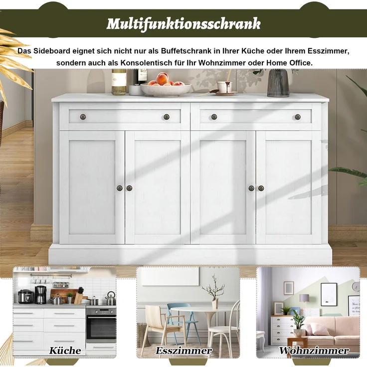 Sideboard Buffetschrank Weiß mit Naturholzplatte, 4 Türen & 2 Schubladen, großer Aufbewahrungsschrank für Küche Wohnzimmer Flur – Bild 7
