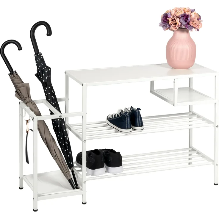 Schuhregal für ca. 6 Paar Schuhe, 4 Ablagen und Schirmständer, weiß