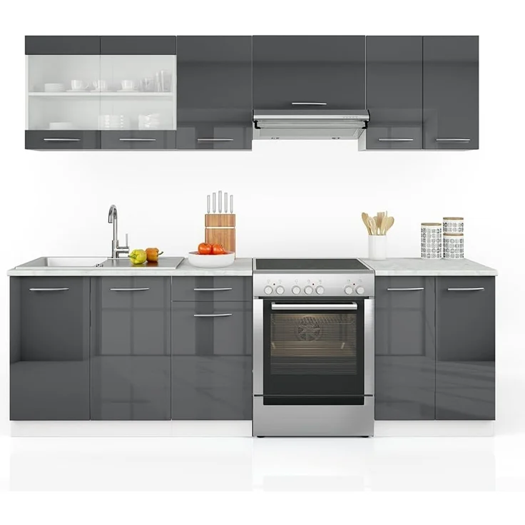 Küchenzeile R-Line Anthrazit Hochglanz/Weiß 240 cm, AP Marmor Vicco – Bild 9