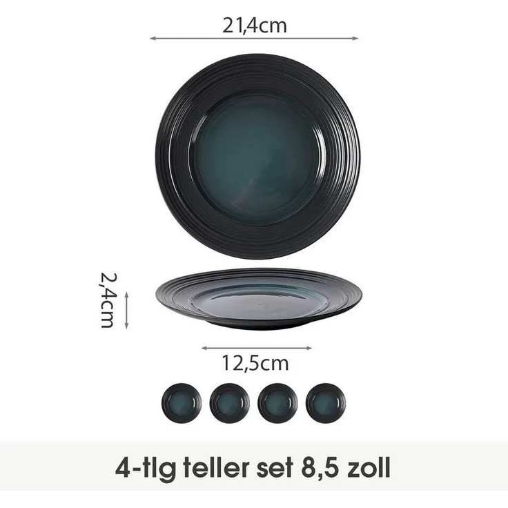 JIWOO Teller 4er Ø21,4cm, Salatteller Frühstücksteller Pastateller Dessertteller, (4 St), Keramik Hochwertiges Tellerset Schwarz Mikrowellen spülmaschinenfest