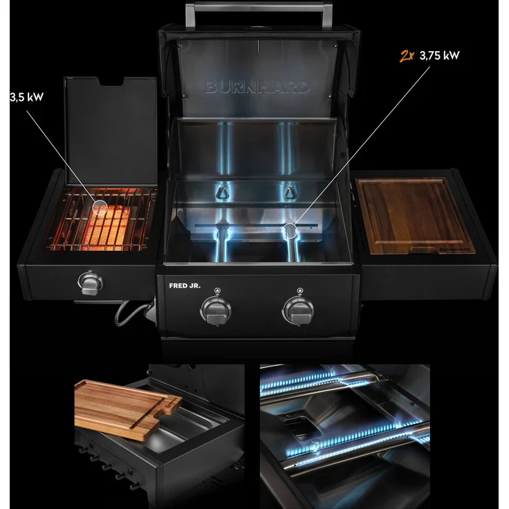 BURNHARD® Gasgrill 2-Brenner, 2x Edelstahl-Stabbrenner, 3,75 kW, Infrarot-Keramikbrenner, Seitentisch, Gussrost, Piezo-Zündung, kompakt, für 5 Personen – FRED Jr. Deluxe - Schwarz - #947122 – Bild 2