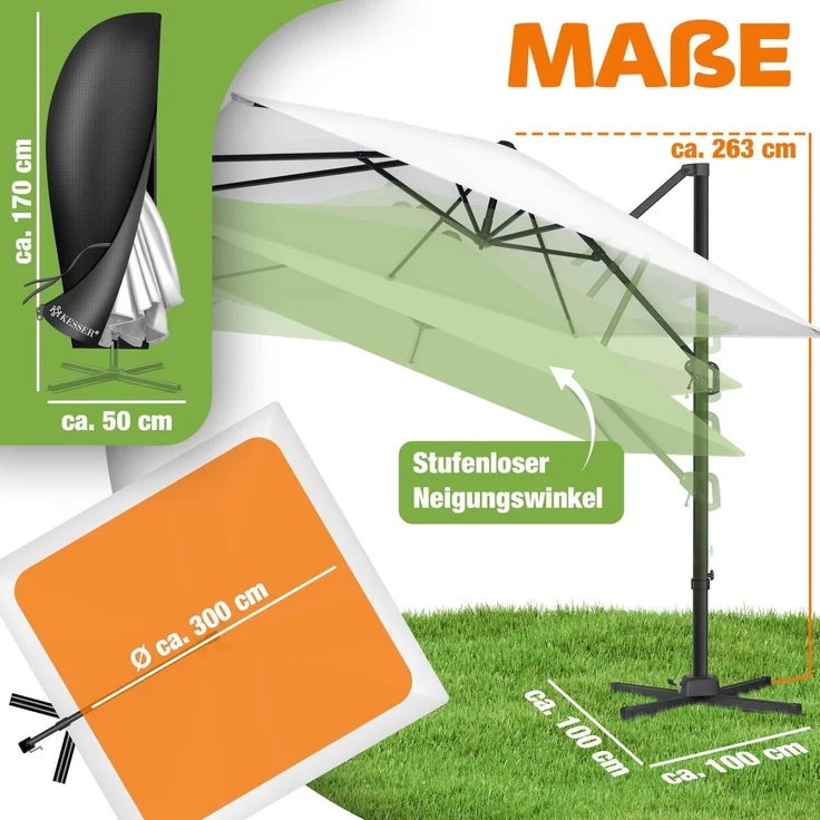KESSER® Sonnenschirm Ampelschirm SUN XL 300 x 300 cm Inkl. Abdeckung +Windsicherung Drehbar Neigbar Kippbar Marktschirm Groß 360° Rotation, Gartenschirm mit Kurbel Sonnenschutz UV50+ Weiß, Ohne LED – Bild 2