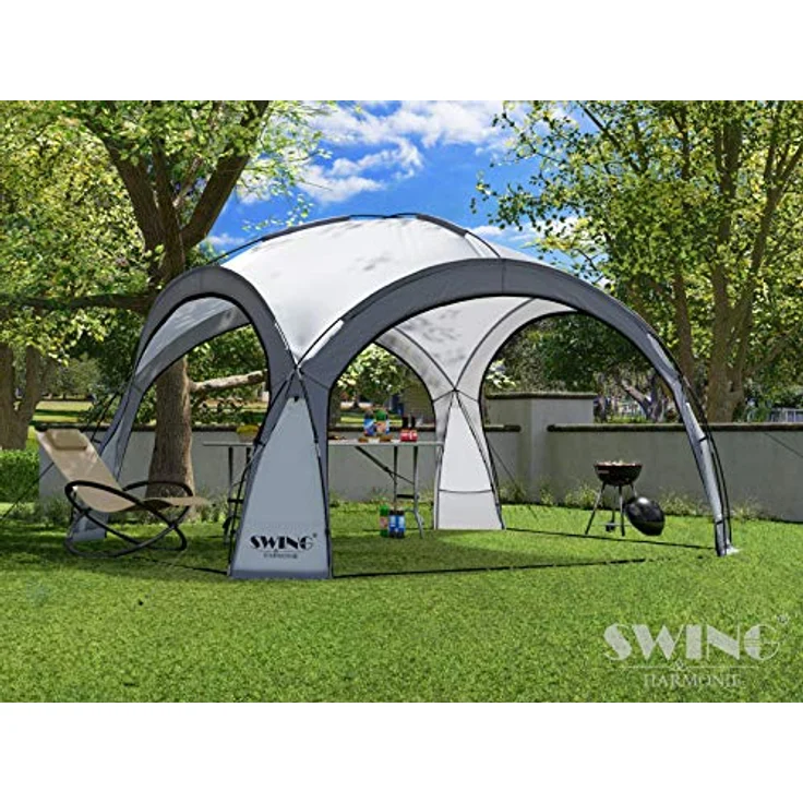 Swing & Harmonie LED Event Pavillon DomeShelter 3,6 x 3,6m mit Solarmodul und 96 LEDs, anthrazit, wasserabweisend, UV-beständig, inkl. Moskito-Netzseitenwände – Bild 2