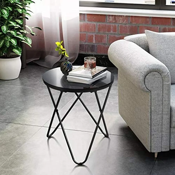 39F FURNITURE DREAM Couchtisch, rund, aus Metall und Hartglas, skandinavischer Nachttisch, für Wohnzimmer, Grau, Glas, 45x45x50cm – Bild 2