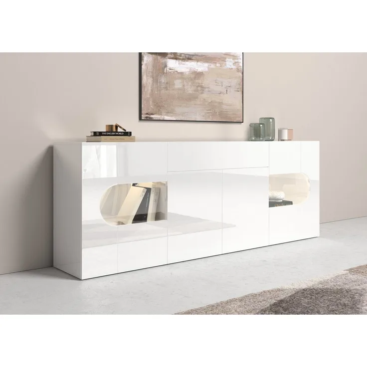 INOSIGN Sideboard Real,Vitrine,Kommode,Schrank,komplett hochglanz lackiert, mit 4 Türen davon 2 Glastüren und 1 Schublade ohne Griff Breite 220cm