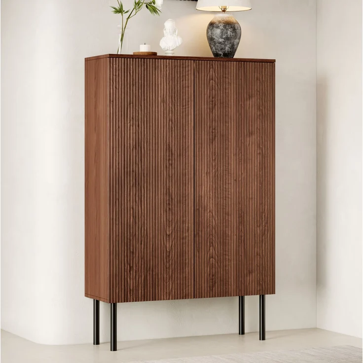 Vitrinenschrank 80 x 35 x 145 cm in Braun mit LED-Beleuchtung und Spiegelrückwand – Bild 2