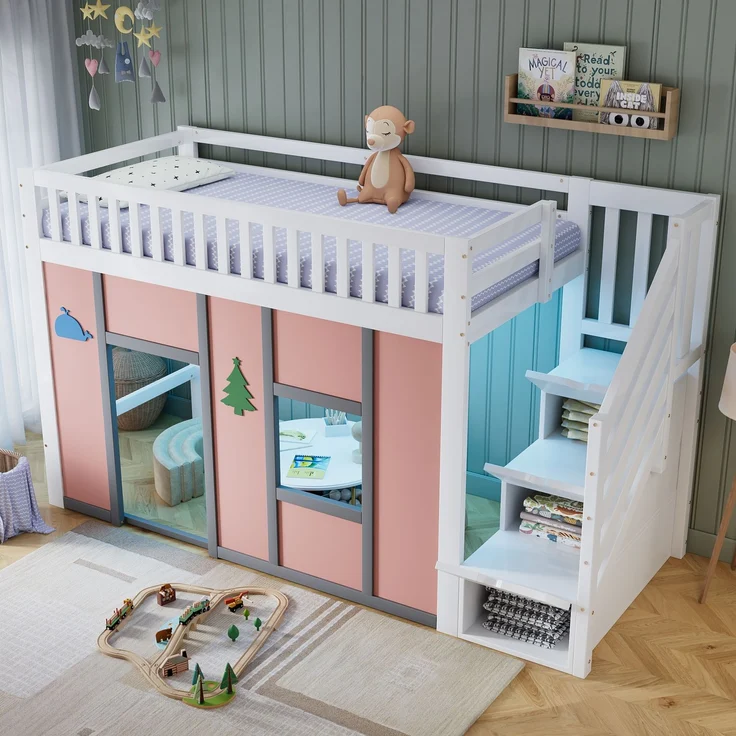 Merax Hochbett 90x200 cm, Kinderbett, Halbhochbett mit Stauraumtreppe, LED-Beleuchtung, Spielbereich, Rausfallschutz und Deko-Motiven, Weiß + Rosa, 252.5 x 95 x 142 cm – Bild 5
