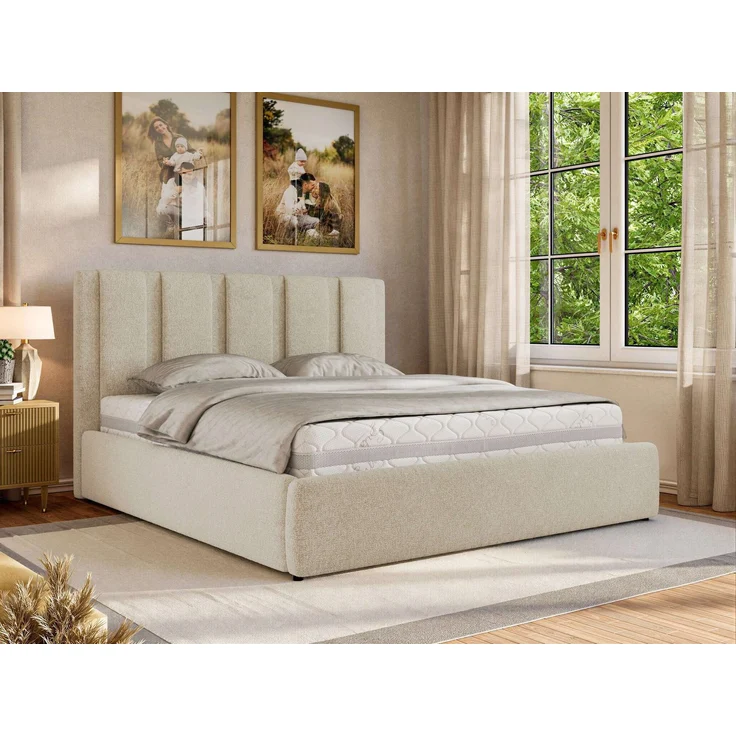 Polsterbett SAVINO CLASSIC mit Bettkasten und Lattenrost Doppelbett 200 x 200 cm mit hohem Kopfteil Stauraumbett Bett mit Gasdruckfeder - Creme Stukture – Bild 1