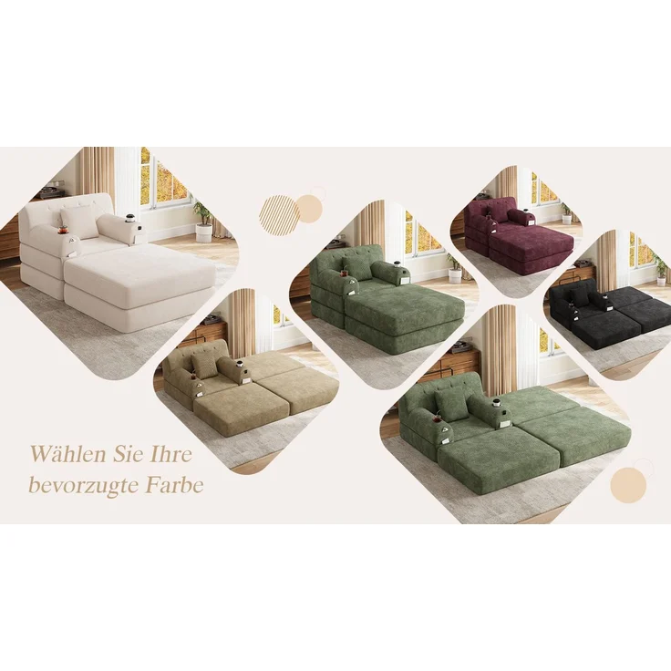 ZUBALIYA Schlafsofa 162x81 cm, mit Stauraum, mit Samtbezug, mit Cordbezug, mit Knopfheftung, mit breiten Armlehnen, Beige – Bild 12