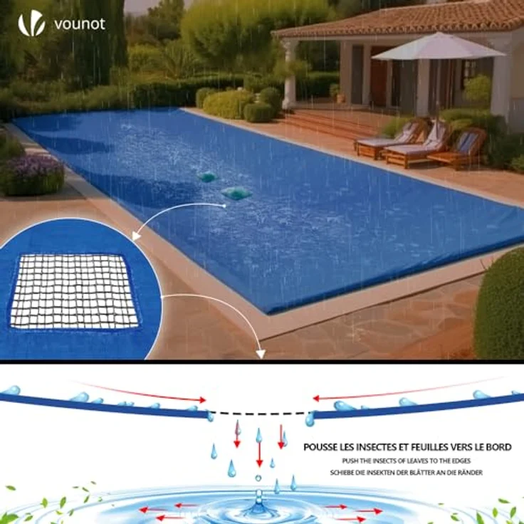 VOUNOT Poolabdeckung rechteckig, Pool Abdeckplane aus Polyethylen 160 g/m² mit Abflussnetz, Doppelte Poolplane Wasserdicht Schimmelresistent Reißfest mit Aluminiumösen 4X8m – Bild 5