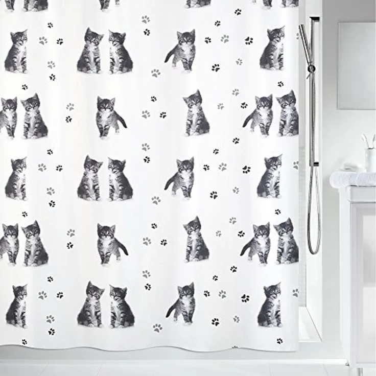 spirella Duschvorhang KITTY PAW Breite 180 cm, Anti-Schimmel Textil-Duschvorhang, Polyester, 180x200 cm, waschbar, Motiv "Kätzchen"