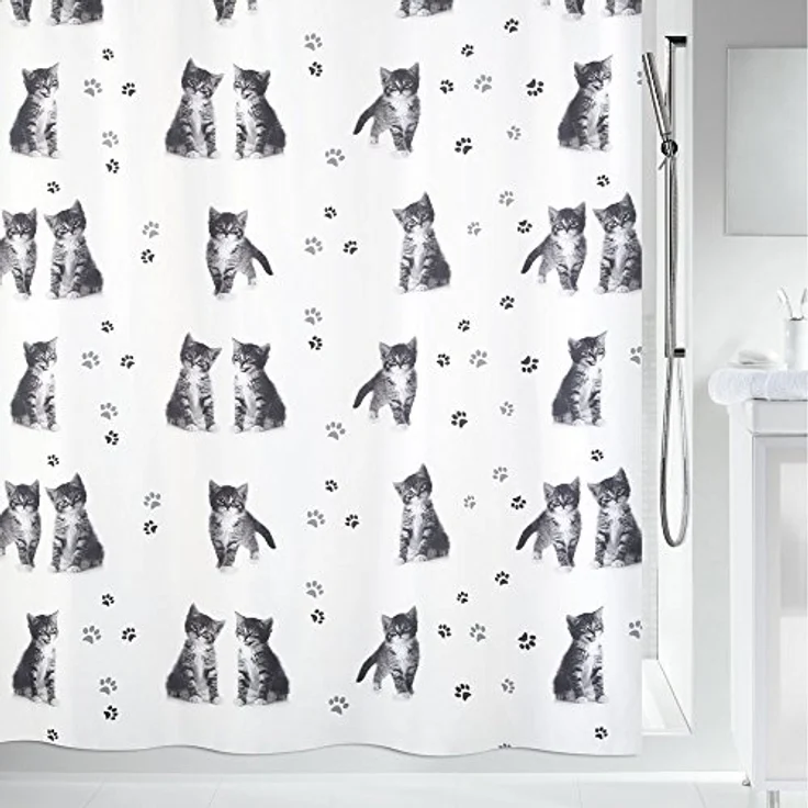 spirella Duschvorhang KITTY PAW Breite 180 cm, Anti-Schimmel Textil-Duschvorhang, Polyester, 180x200 cm, waschbar, Motiv "Kätzchen" – Bild 1
