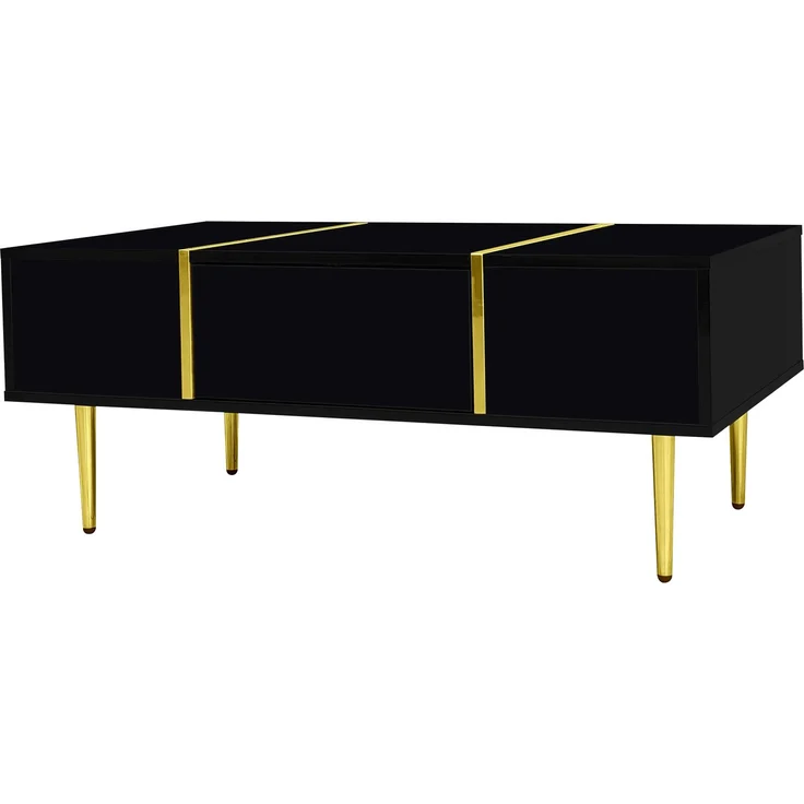 Couchtisch Schwarz Hochglanz mit Gold Akzenten,Sofatisch mit 2 Schubladen Stauraum – Bild 10
