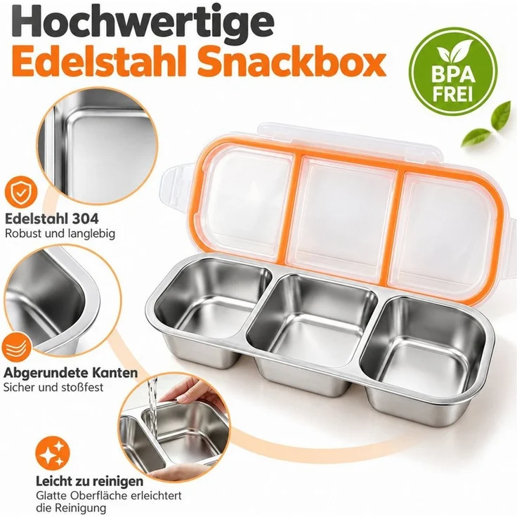 Fyrove Lunchbox aus Edelstahl, Brotdose, Snackbox mit Fächern, 2 Stück, (auslaufsicher, BPA-frei, lebensmittelecht, leicht, tragbar, 2 Stück – 1x2 Fächer + 1x3 Fächer), für Schule, Kindergarten, Arbeit, Camping, Frühstücksdose, Essenbox – Bild 2