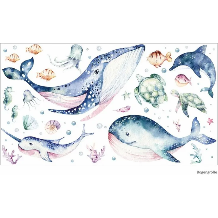nikima Wandtattoo 205 Wandtattoo Meerestiere Aquarell - 750 x 420 mm (PVC-Folie), in 6 vers. Größen