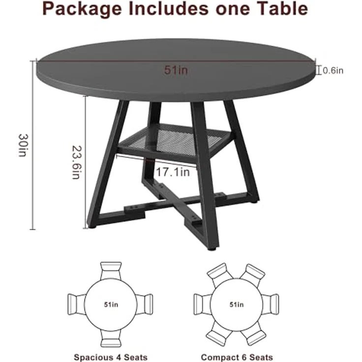 Jocoevol Esstisch Runder für 4-6 Personen, Esszimmertisch mit Ablage, platzsparender Küchentisch aus Holz im Industrial Design (Schwarz, 130x130x76cm) – Bild 2