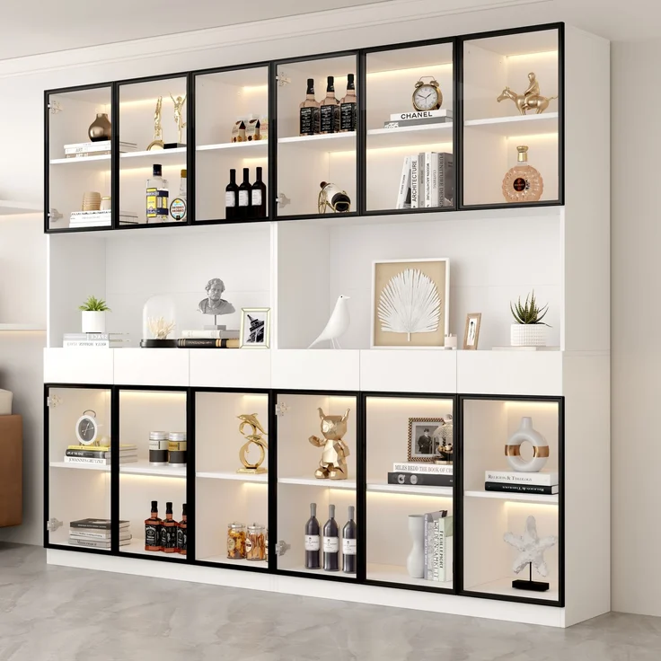Glasschrank Tür 200cm hoch Weißer Vitrinenschrank mit LED Lichtern, Multi Storage Bücherregal für Sammlung Schlafzimmer Wohnzimmer Büro, Weiß - Schwarzer Türrahmen--Weiß--36x240x200cm--YOUDENOVA – Bild 2