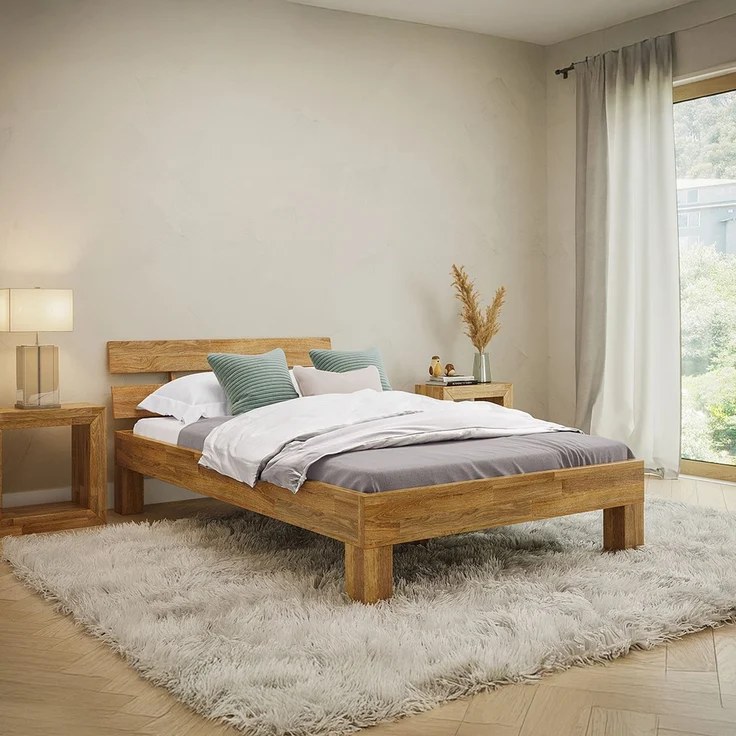 skølm 'Floki' Bett 120x200 cm, Bettgestell, natur geölt, Massivholzbett aus Eiche, Doppelbett mit Bettkopf, geeignet als Einzelbett – Bild 1