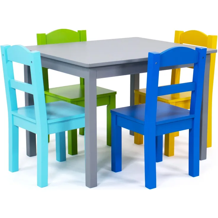 Humble Crew bunter Holztisch für Kinder, Grau/Blau/Grün/Gelb! Mit 4 Stühlen, ideal für Kinderzimmer. Jetzt fröhlichen Spielspaß schaffen! Kaufen