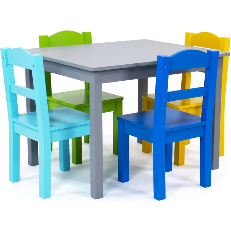 Humble Crew bunter Holztisch für Kinder, Grau/Blau/Grün/Gelb! Mit 4 Stühlen, ideal für Kinderzimmer. Jetzt fröhlichen Spielspaß schaffen! Kaufen