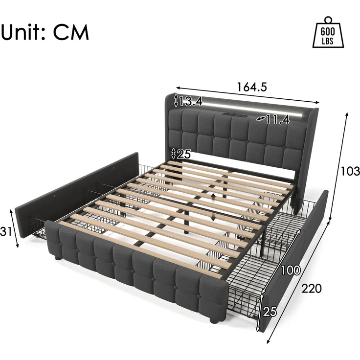 Einzelbett 160 × 200 cm mit Steckdosen,USB-Anschlüssen und LED-Beleuchtung,4 Schubladen,Leinenbezug in Grau,inklusive Matratze – Bild 10