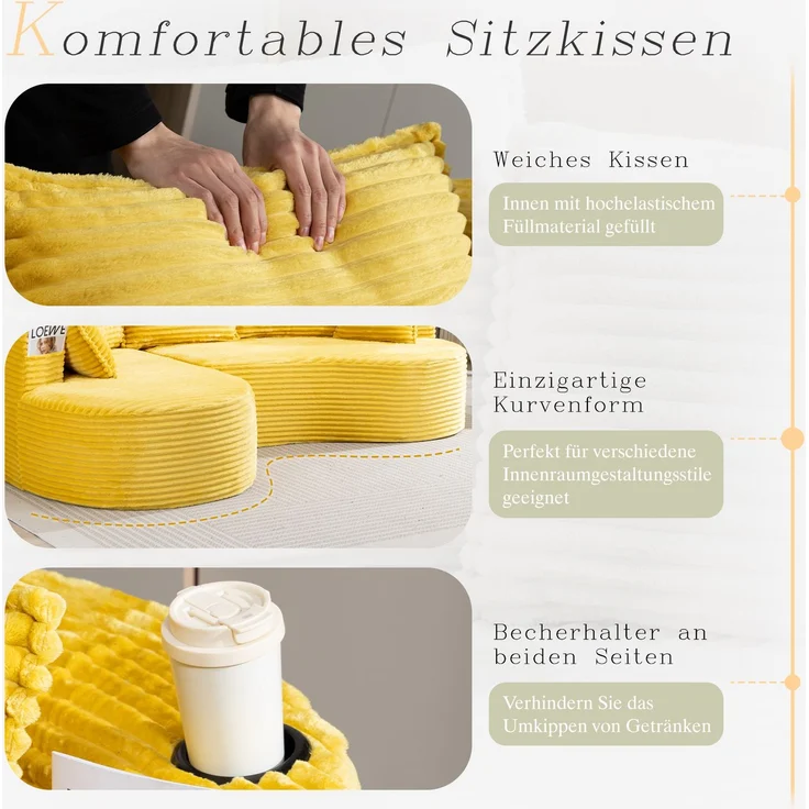 LVHOM Ecksofa L-Form, Cloud Sofa mit Tassenhalter und Seitentaschen, 3-Sitzer Sofa aus Cordstoff, kein Aufbau erforderlich, 250x152cm, Gelb – Bild 4