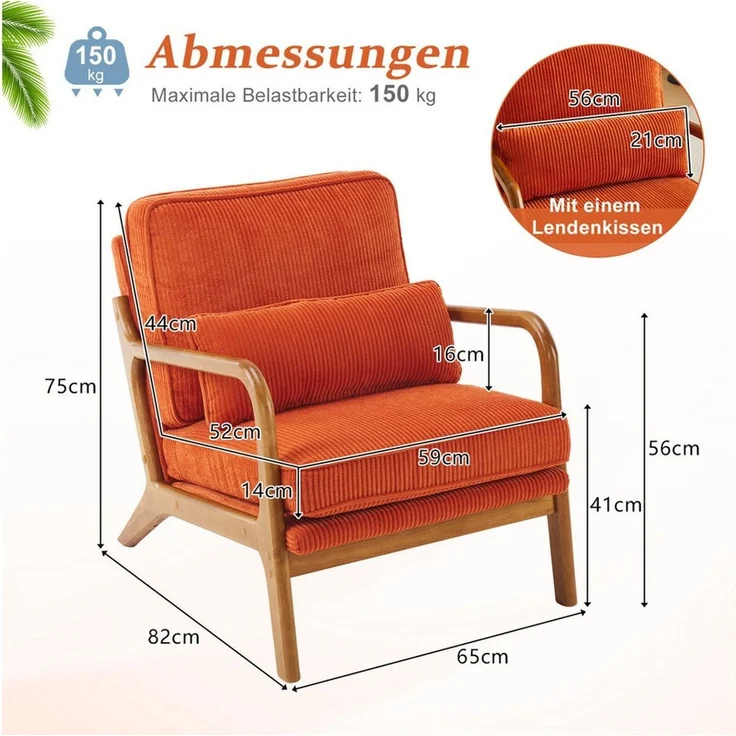 VINGLI Cocktailsessel, Moderner loungesessel, Sessel mit Massivholz, Lesesessel, bis 200 kg belastbar, Cord-Stoff – Bild 2