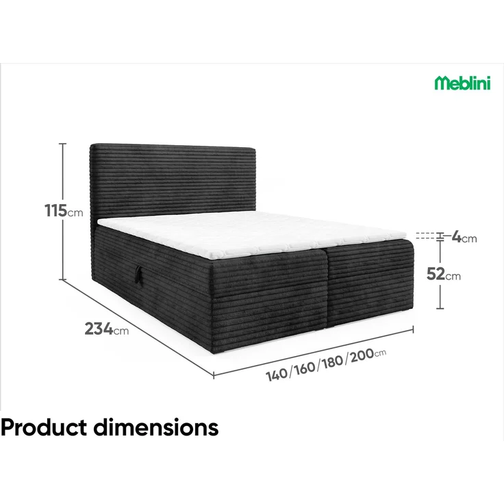 MEBLINI Boxspringbett TALIA 140x220cm - H4/Schwarz Cordstoff - mit Bettkasten - Gepolstert Doppelbett mit Matratze und Topper - Polsterbett mit Stauraum - Bett mit Kopfteil - Stauraumbett – Bild 7