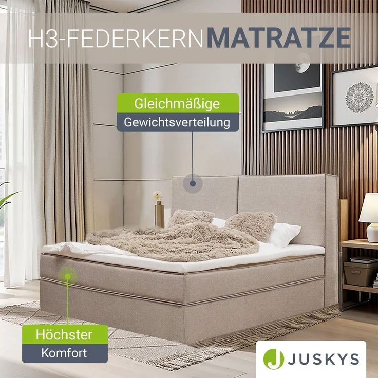Juskys Boxspringbett Detroit 180x200 cm - Hochwertiger Chenille Stoff, inklusive Topper, komfortable Einstiegshöhe - Beige – Bild 7