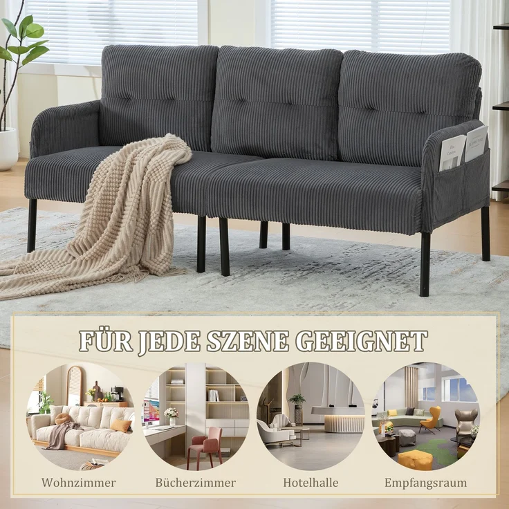 LVHOM 3-Sitzer Sofa mit Metallsockel, Polstersofa mit Seitentaschen, Loungesofa aus Cordstoff, Ergonomisches Stoffsofa, 171x72x80cm – Bild 7