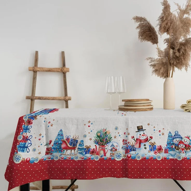 PENSIERI DELICATI, Rechteckige Tischdecke, 145x250 cm, 100% Panama-Baumwolle, für 12 Personen, Digitaldruck in hoher Auflösung, Motiv: Schneemänner, Rot