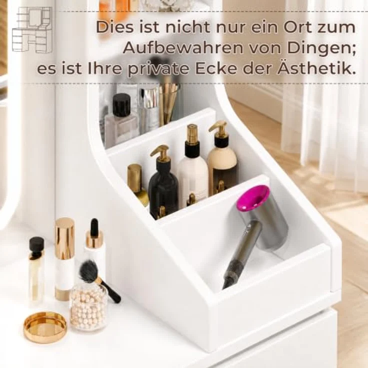 JUMMICO Schminktisch mit LED-Spiegel, 110 cm Frisiertisch mit 7 extra hohen Schubladen, 4 offenen Fächern, dimmbarer Beleuchtung, moderner Kosmetiktisch für Schlafzimmer – Bild 2
