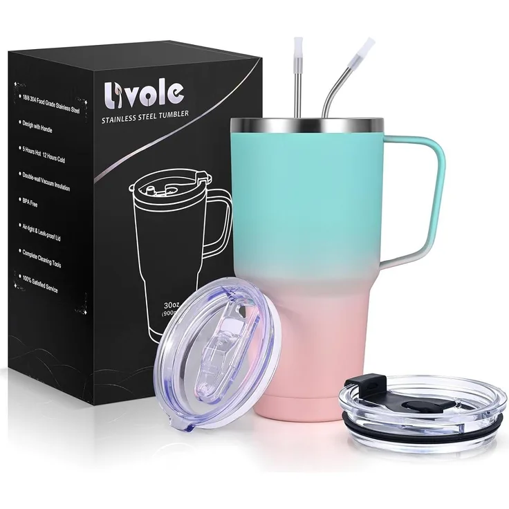 Livole 30oz 900ml Doppelwandiger Thermobecher Strohhalm Henkel Edelstahl