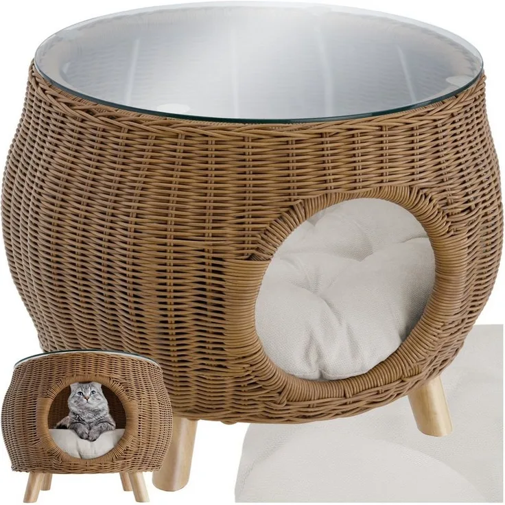 tectake Couchtisch Tivoli Sofatisch aus Polyrattan - integriertes Haustierbett (1-St, 2 tlg), Stilvoller Couchtisch vereint Haustierbett mit Rattan-Geflecht