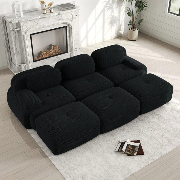 EINHOM Modulares 3-Sitzer-Sofa mit 3 Hockern aus Cordstoff, Rahmenloses Sofa, montagefreie Lieferung, haustierfreundlich, ultra-breite Armlehnen, 32D hochelastische Polsterung für Wohnzimmer und Heimkino, Black – Bild 3