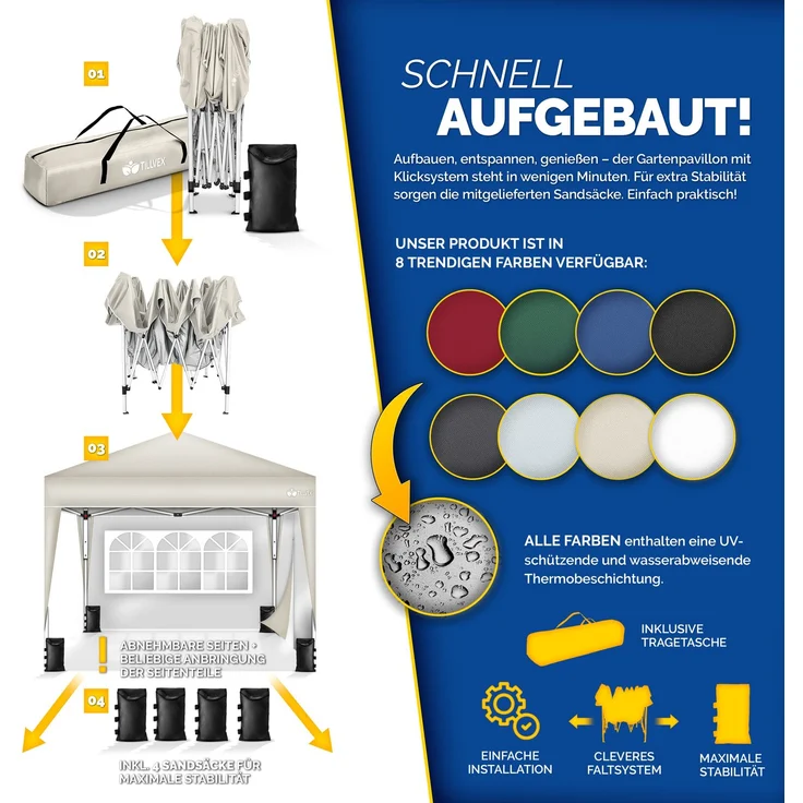 tillvex Pavillon 3x3m Beige - mit 2 Seitenteilen wasserdicht | Pop-Up Faltpavillon höhenverstellbar | Gartenzelt UV Schutz 50+ | Partyzelt mit Tasche für Garten – Bild 10