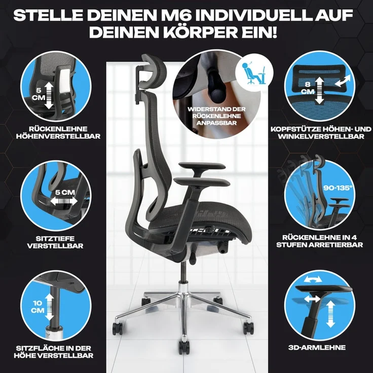 VALKENSTOL M6 MESH-SITZ Bürostuhl ergonomisch bis 1,95m - 5 Jahre Garantie - Schreibtischstuhl mit verstellbarer Sitztiefe - Lordosenstütze – Bild 7